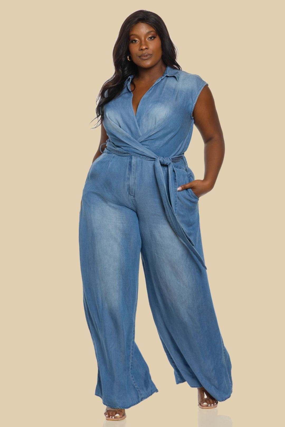 PLUS RAYON DENIM SLEEVELESS JUMPSUIT
