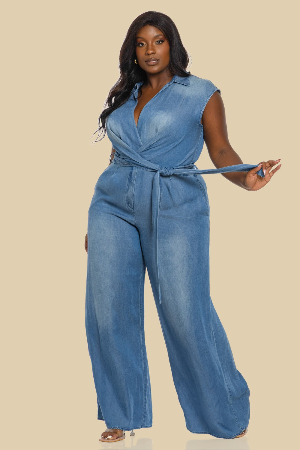 PLUS RAYON DENIM SLEEVELESS JUMPSUIT