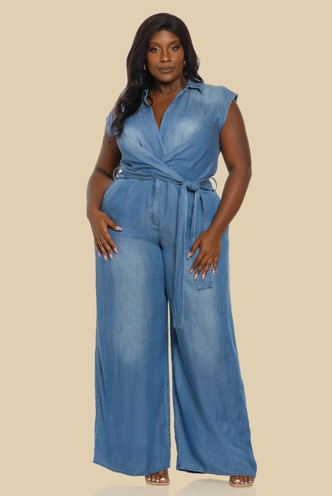 PLUS RAYON DENIM SLEEVELESS JUMPSUIT