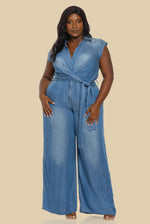 Load image into Gallery viewer, PLUS RAYON DENIM SLEEVELESS JUMPSUIT
