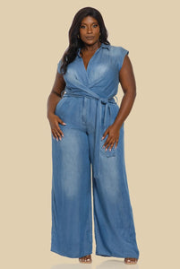 PLUS RAYON DENIM SLEEVELESS JUMPSUIT