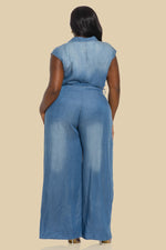 Load image into Gallery viewer, PLUS RAYON DENIM SLEEVELESS JUMPSUIT
