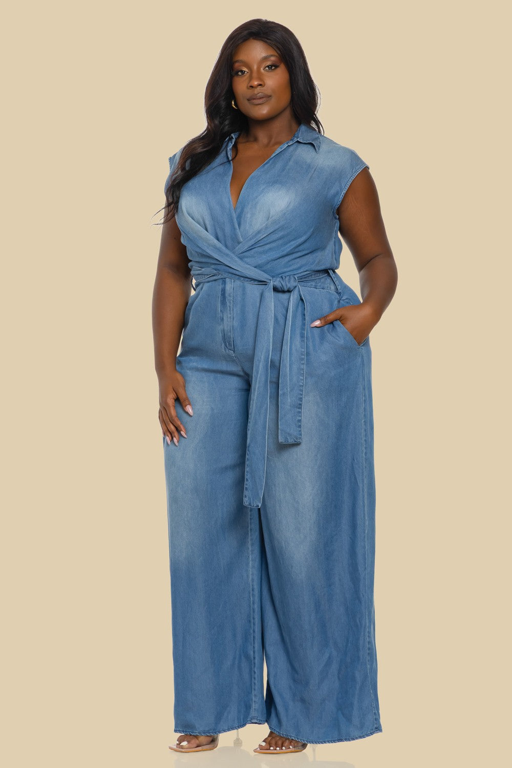 PLUS RAYON DENIM SLEEVELESS JUMPSUIT