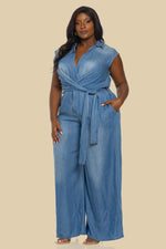 Load image into Gallery viewer, PLUS RAYON DENIM SLEEVELESS JUMPSUIT
