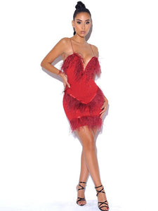 One In A Million Crystal and Fur Red Stretch Crepe Dress