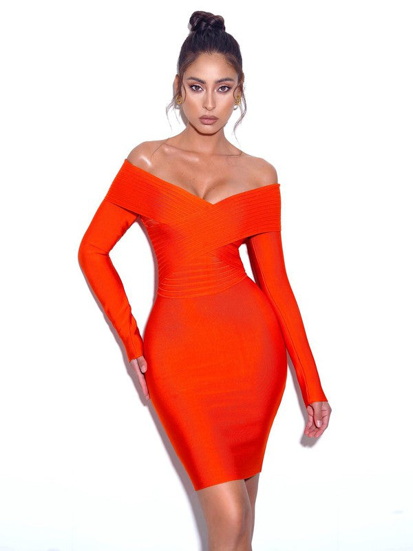 Sierra Orange Off Shoulder Bandage Dress