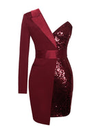 Load image into Gallery viewer, Silver Night One Sleeved Wine Sequin Crepe Tuxedo Blazer Dress
