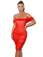 Load image into Gallery viewer, Weslee Red Off Shoulder Mesh Corset Dress
