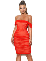 Load image into Gallery viewer, Weslee Red Off Shoulder Mesh Corset Dress
