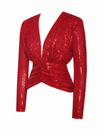 Load image into Gallery viewer, Tate Red Sequined Long Sleeve Deep V Top
