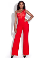 Load image into Gallery viewer, Malika Red One Shoulder Corset Jumpsuit
