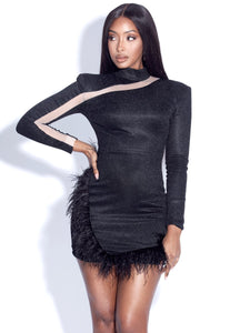 Rosa Black Glitter Long Sleeve Dress with Feather