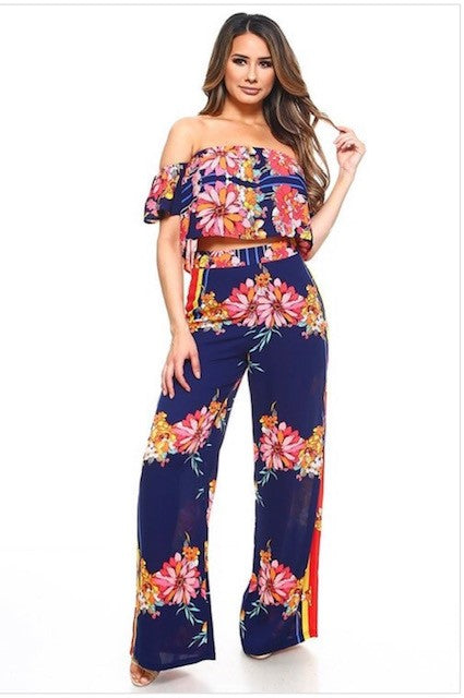 FLOWERS & STRIPE TUBE TOP & PANTS
