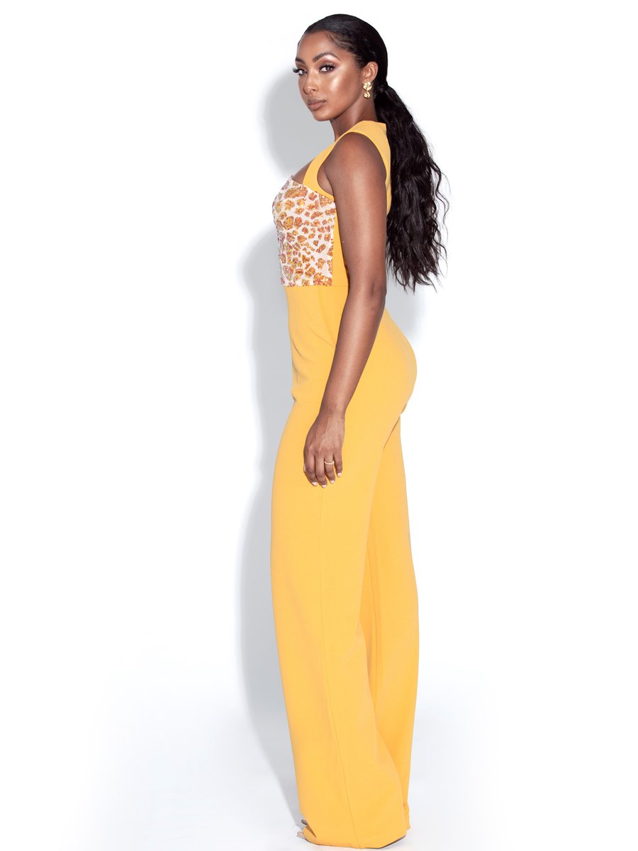 Rheanna Sequined One Sleeve Yellow Jumpsuit