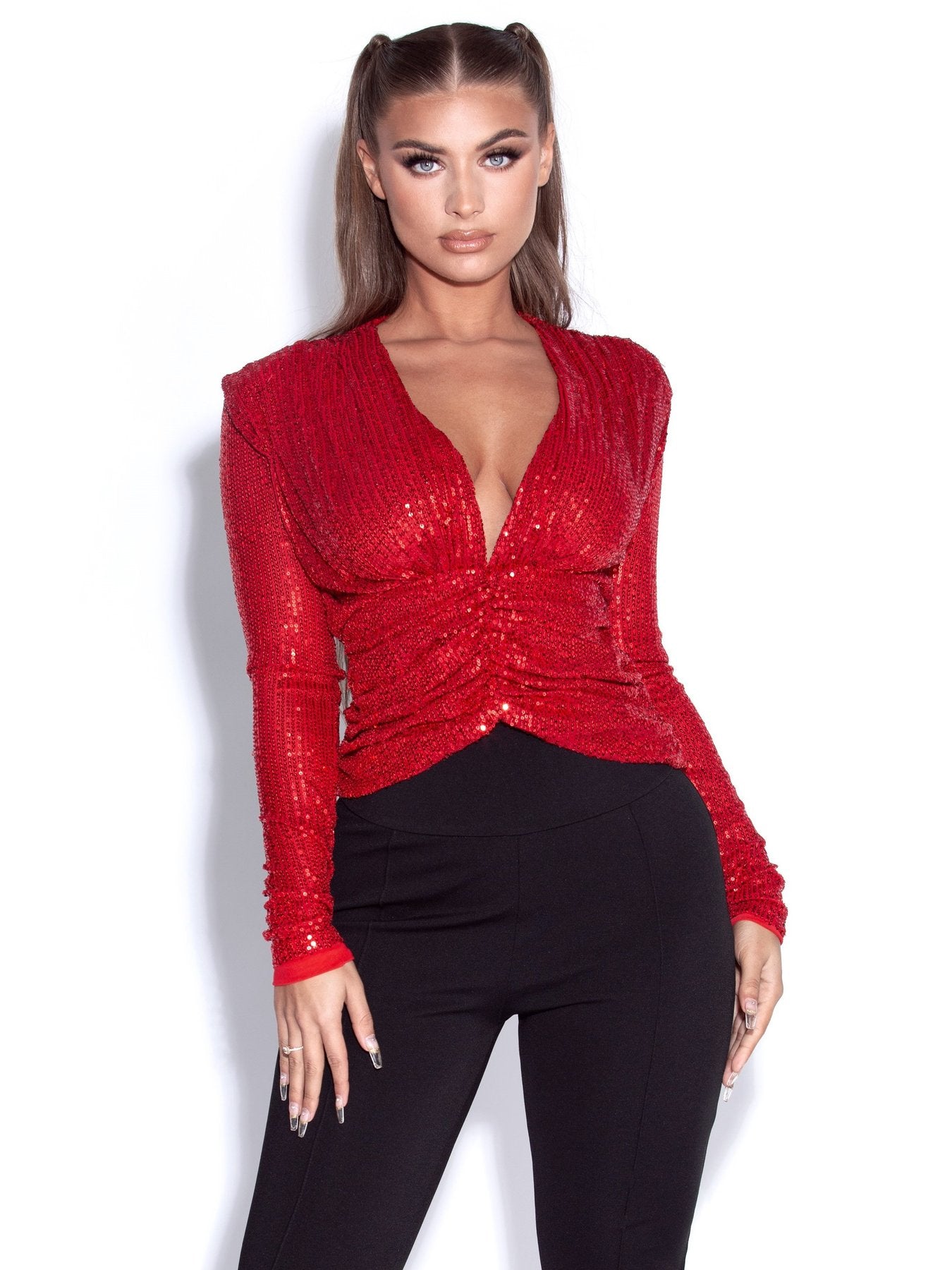 Tate Red Sequined Long Sleeve Deep V Top