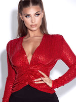 Load image into Gallery viewer, Tate Red Sequined Long Sleeve Deep V Top
